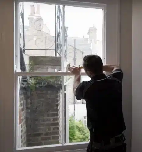 Man installing secondary glazing on a sash window in a historic property, enhancing thermal efficiency while preserving original features.