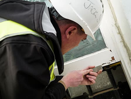 Worker repairing a sash window in an old building, wearing a hard hat and high-visibility jacket, demonstrating restoration techniques relevant to Victorian and Edwardian house renovations.