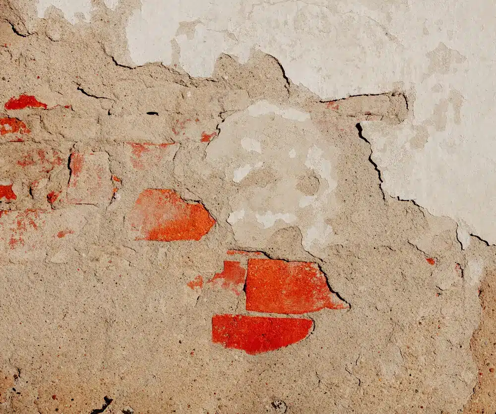 Cracked wall surface revealing red bricks, illustrating potential rising damp issues and structural damage relevant to damp-proofing solutions.