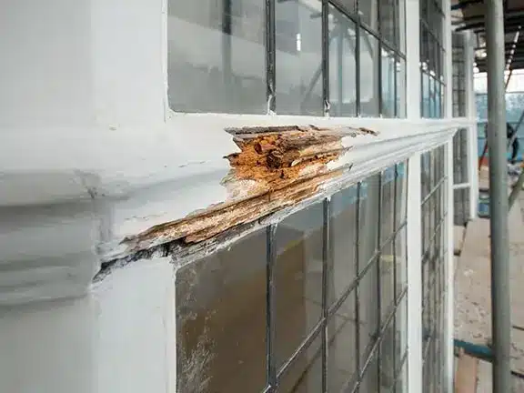 Close-up of damaged sash window frame showing wood rot and deterioration, highlighting the need for expert restoration services to preserve historic charm and functionality.