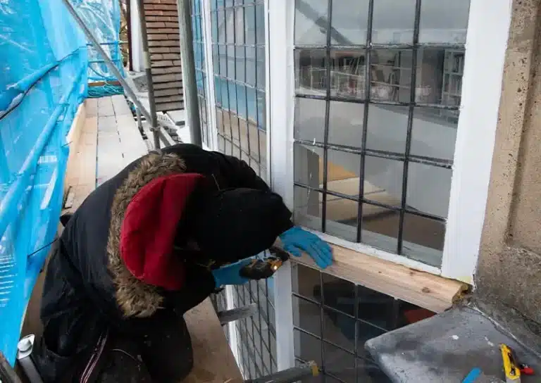 Skilled tradesman repairing sash window frame with attention to detail, scaffolding and protective coverings in background, demonstrating expert craftsmanship in window restoration.