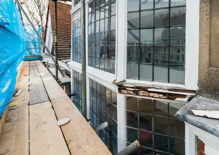 Sash windows under repair showing signs of rot and decay, with scaffolding and protective sheeting, illustrating the restoration process in a period property in London.