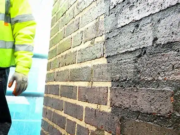 Worker in high-visibility jacket cleaning a brick facade, demonstrating professional facade cleaning services by Environ Restoration Services.