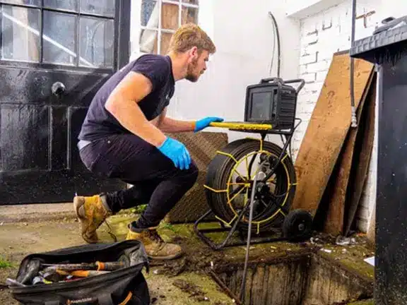 Technician using inspection equipment for drainage assessment in a heritage building restoration project.