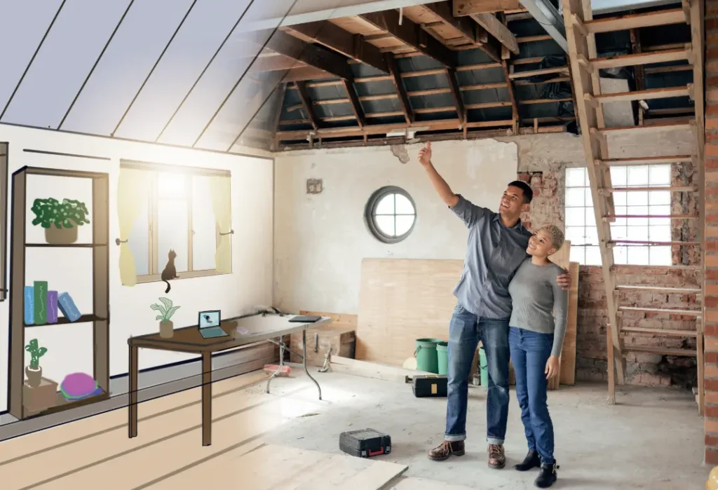 Couple discussing home renovation in a partially renovated interior, showcasing modern design elements alongside traditional architecture, with a focus on enhancing functionality and aesthetics.