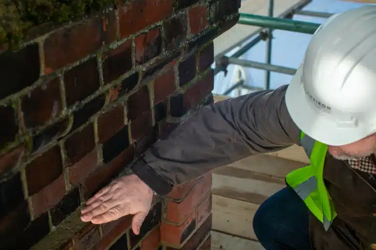 Construction worker inspecting brick wall for restoration, wearing safety helmet and reflective vest, highlighting attention to detail in historic property preservation.