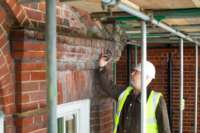 Surveyor examining brickwork on a historic building, using a smartphone to assess structural integrity, wearing a hard hat and high-visibility vest, with scaffolding in the background.