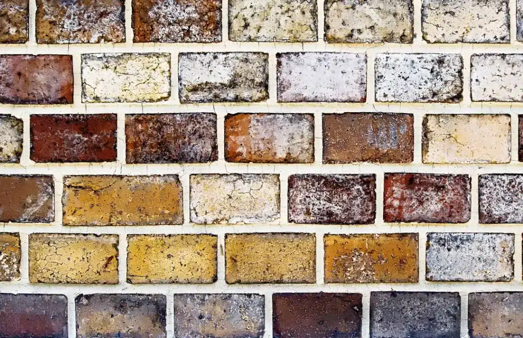 Brick wall featuring a variety of textures and colours, illustrating the importance of proper cleaning and maintenance for preserving brick surfaces.