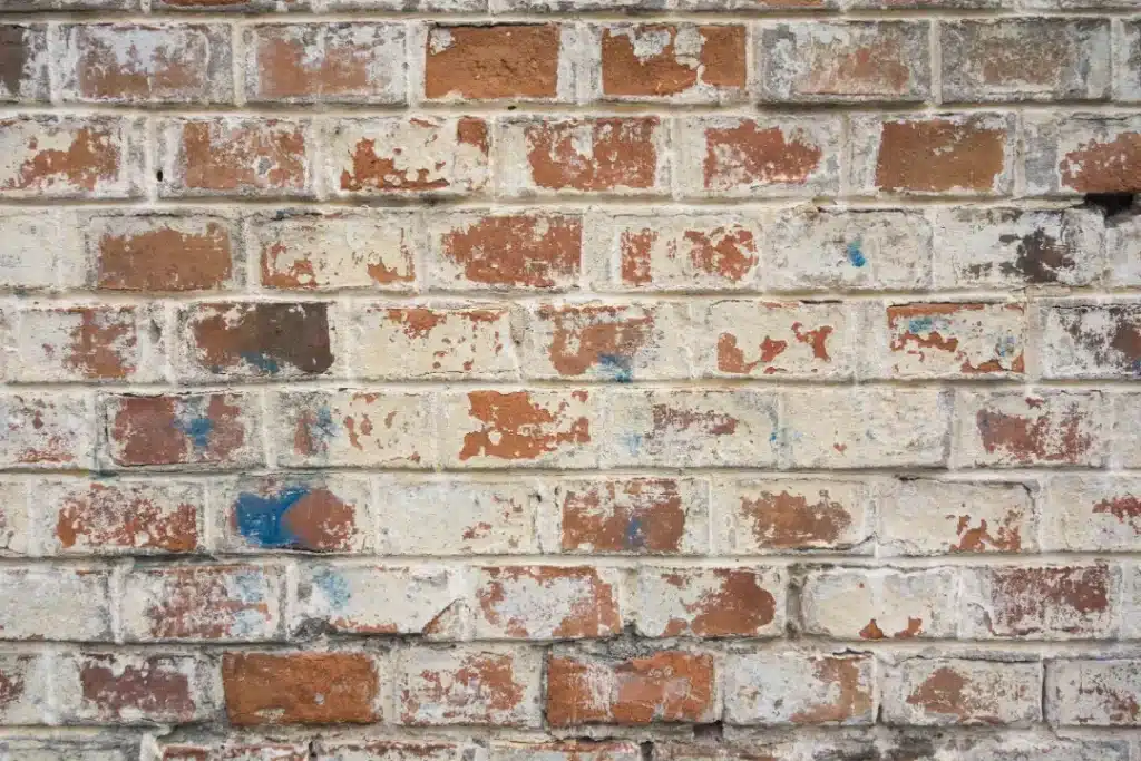 Brick wall with efflorescence and paint stains, illustrating common cleaning challenges in masonry restoration.