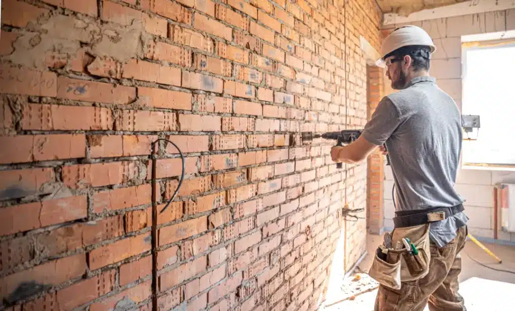 Worker using a power drill on a brick wall during restoration, showcasing professional brick cleaning and maintenance techniques.