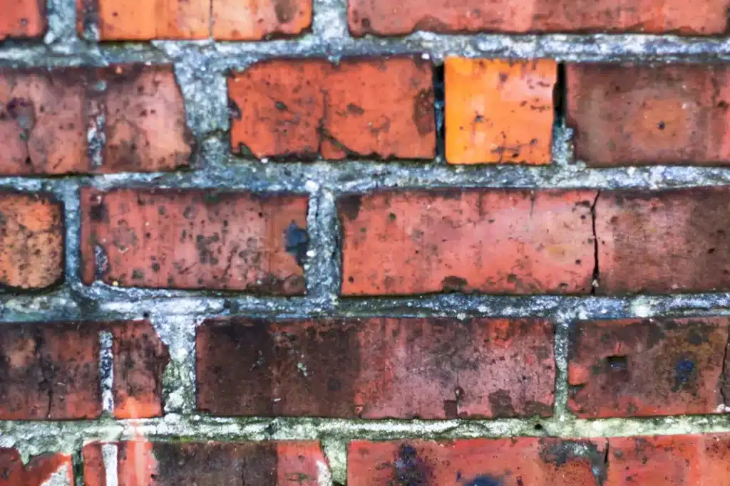 Brick wall showing efflorescence with white crystalline salt deposits on mortar joints, indicating moisture issues and potential deterioration.