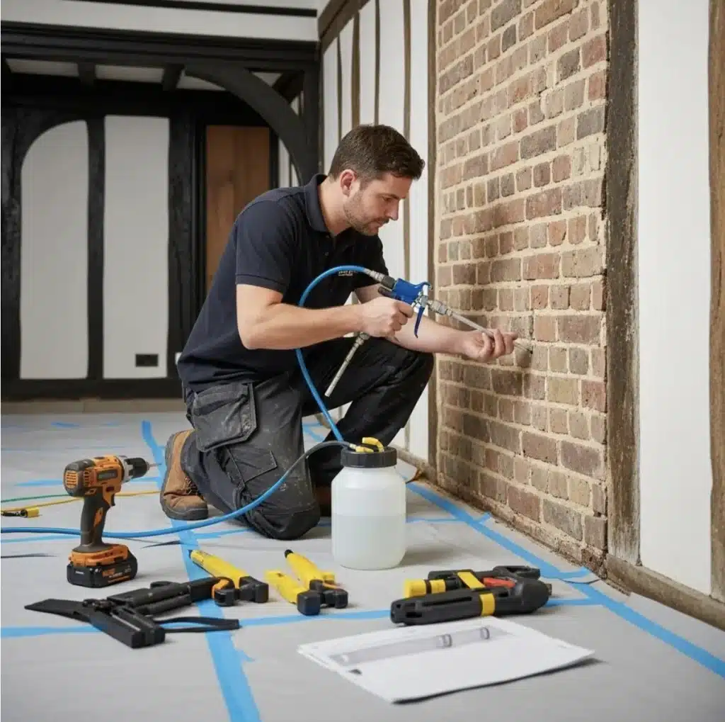 Man applying damp-proof injection to a brick wall using a spray tool, surrounded by restoration equipment, illustrating techniques for maintaining masonry in historical buildings.