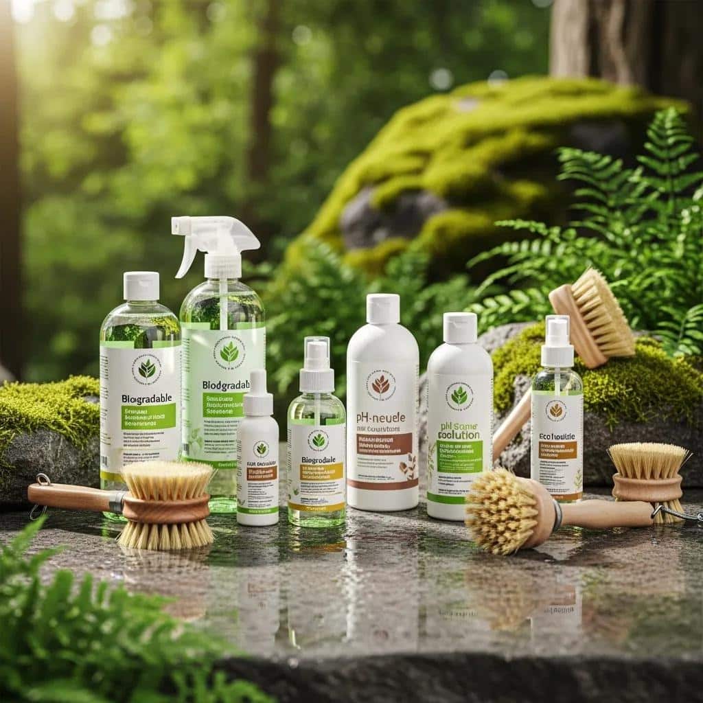 Eco-friendly stone cleaning products displayed on a moss-covered rock, featuring biodegradable cleaners and pH-neutral formulas, highlighting sustainable practices in stone restoration.