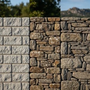 Three types of stone masonry walls showcasing different textures and finishes, highlighting options for property restoration and maintenance.