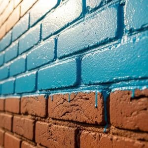 Textured brick wall featuring a blend of brown and blue paint, illustrating painting techniques and facade maintenance relevant to building restoration.