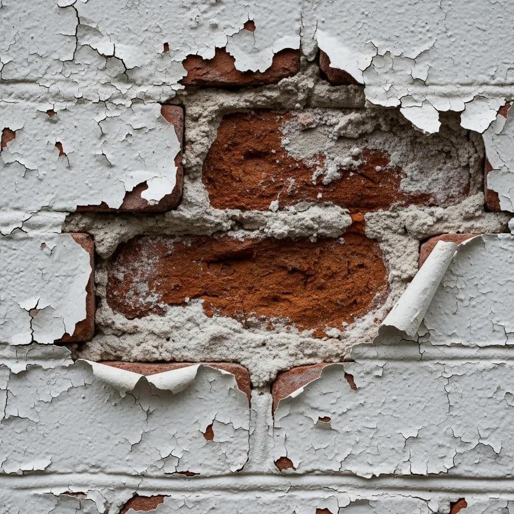 Peeling white paint revealing exposed brick and mortar, illustrating potential damage from moisture trapping in painted brick surfaces.