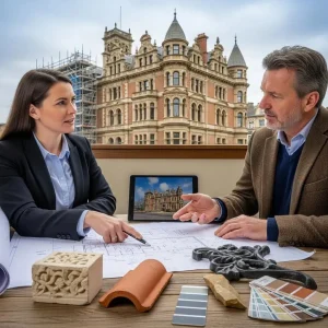 Consultant advising on heritage property restoration with blueprints, building materials, and historic building in background.