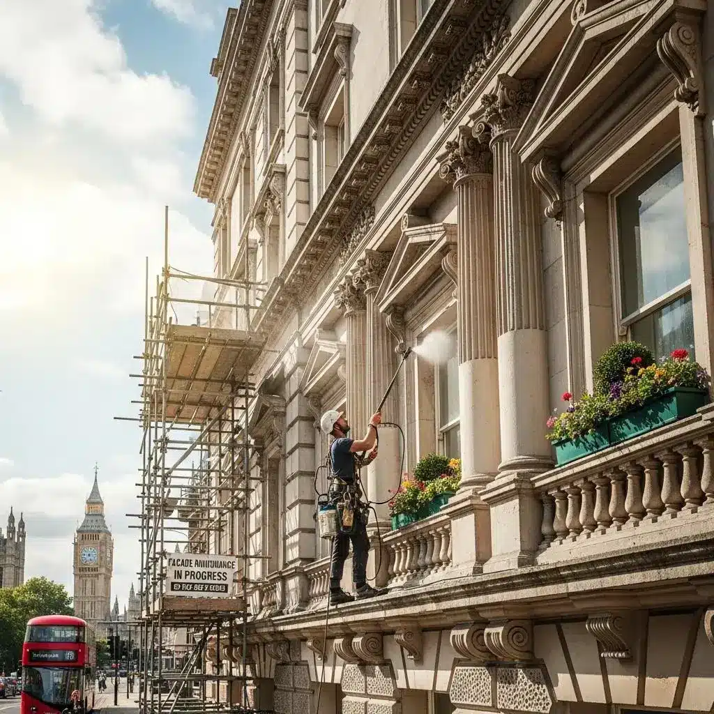 Professional cleaning of a historic London property facade with scaffolding and a worker using a pressure washer, featuring decorative architectural elements and flower pots, with Big Ben visible in the background.