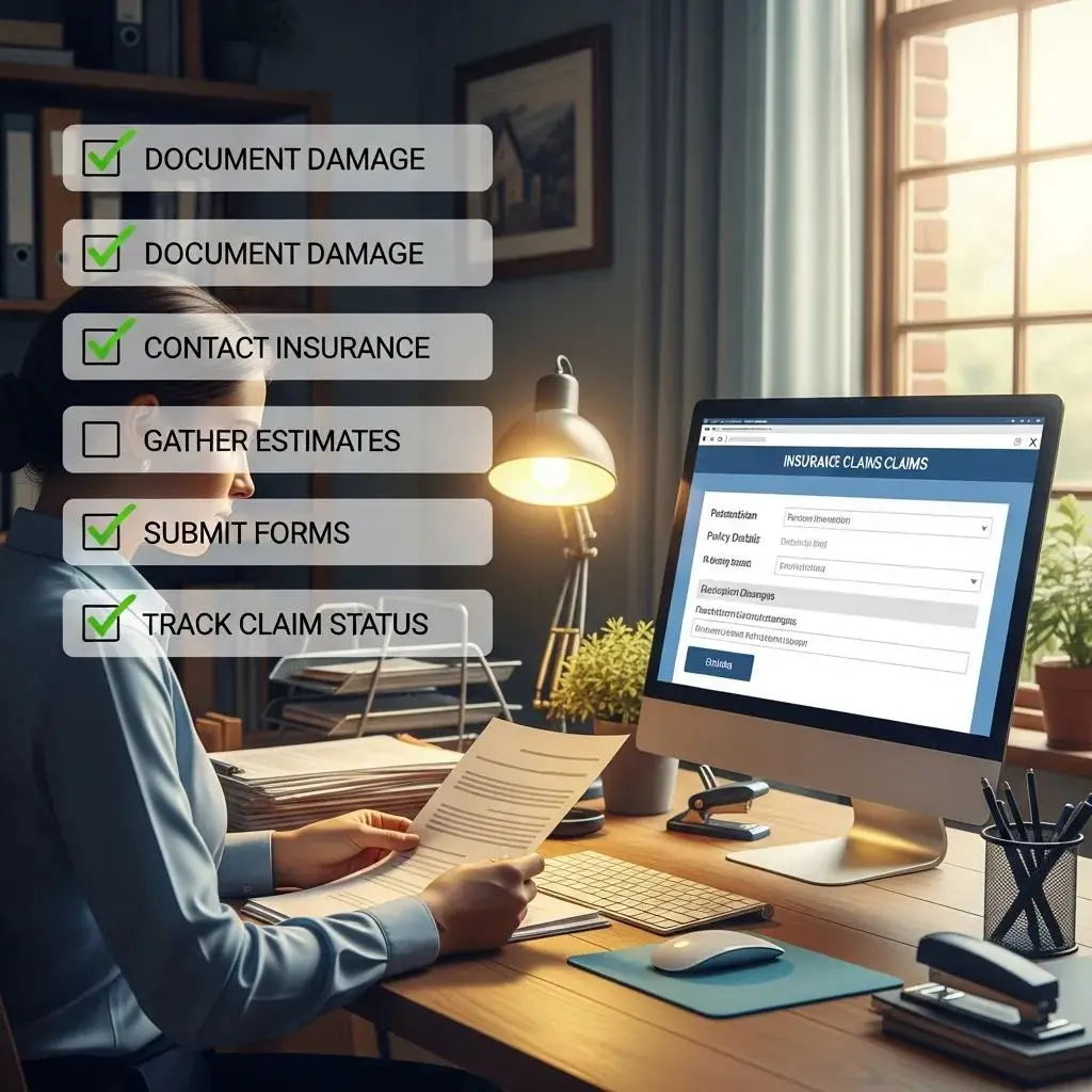 Person reviewing insurance claims process at a desk, with checklist items including document damage, contact insurance, gather estimates, submit forms, and track claim status displayed on the screen.