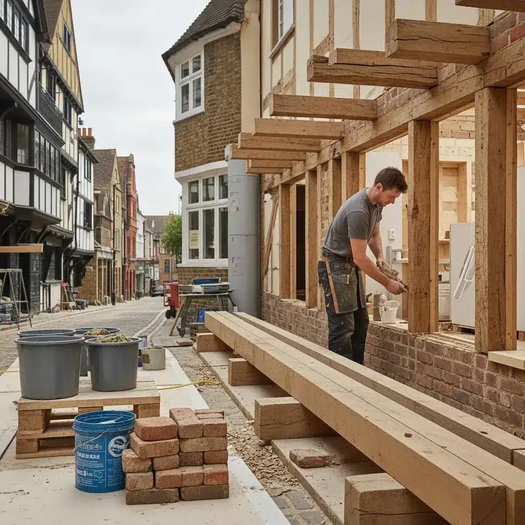 Construction worker applying traditional building materials, including timber and brick, in a historic London street setting, emphasising heritage restoration techniques.