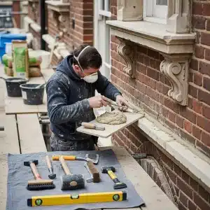 Worker performing masonry repair on a historic London facade with lime-based mortar, surrounded by restoration tools and materials.