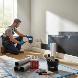 Homeowner implementing damp prevention strategies in a well ventilated room