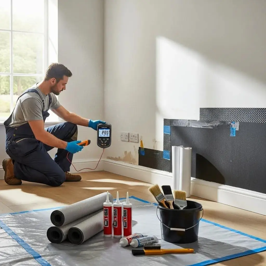 Homeowner implementing damp prevention strategies in a well ventilated room