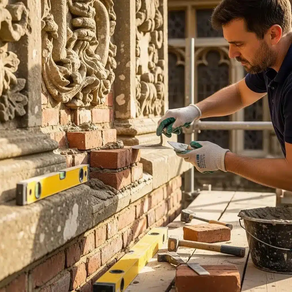 Craftsman repairing brickwork on a historical building, showcasing essential brickwork repair techniques